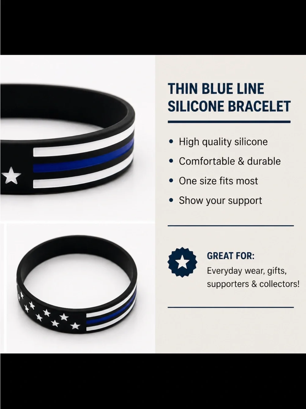 Unisex Thin Blue Line Bracelet Police Support Wristband, New
